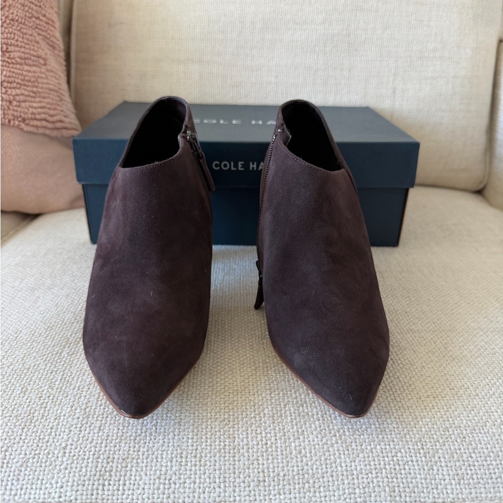 NWB  -Cole Haan Vestry Pointed Toe Booties – Dark Chocolate Suede, Size 9 - Picture 11 of 13